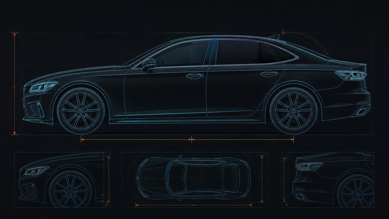 Technical blueprint illustration of a saloon car in side profile with the rear windows shaded darker than the front, showing where car window tint is fitted
