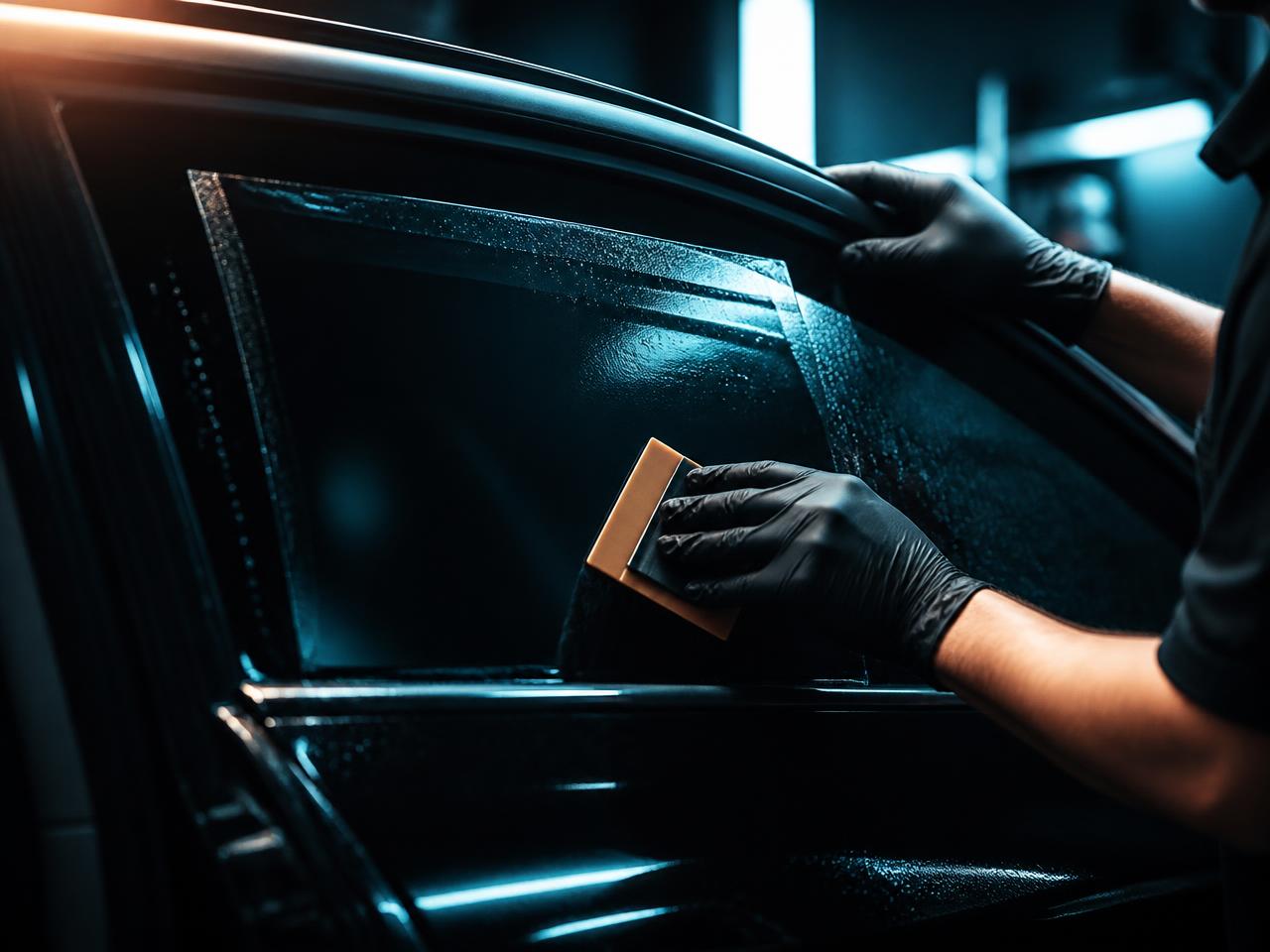 Close-up of a tinting technician in black gloves squeegeeing window film onto a car door glass during a fitting at South East Window Tinting